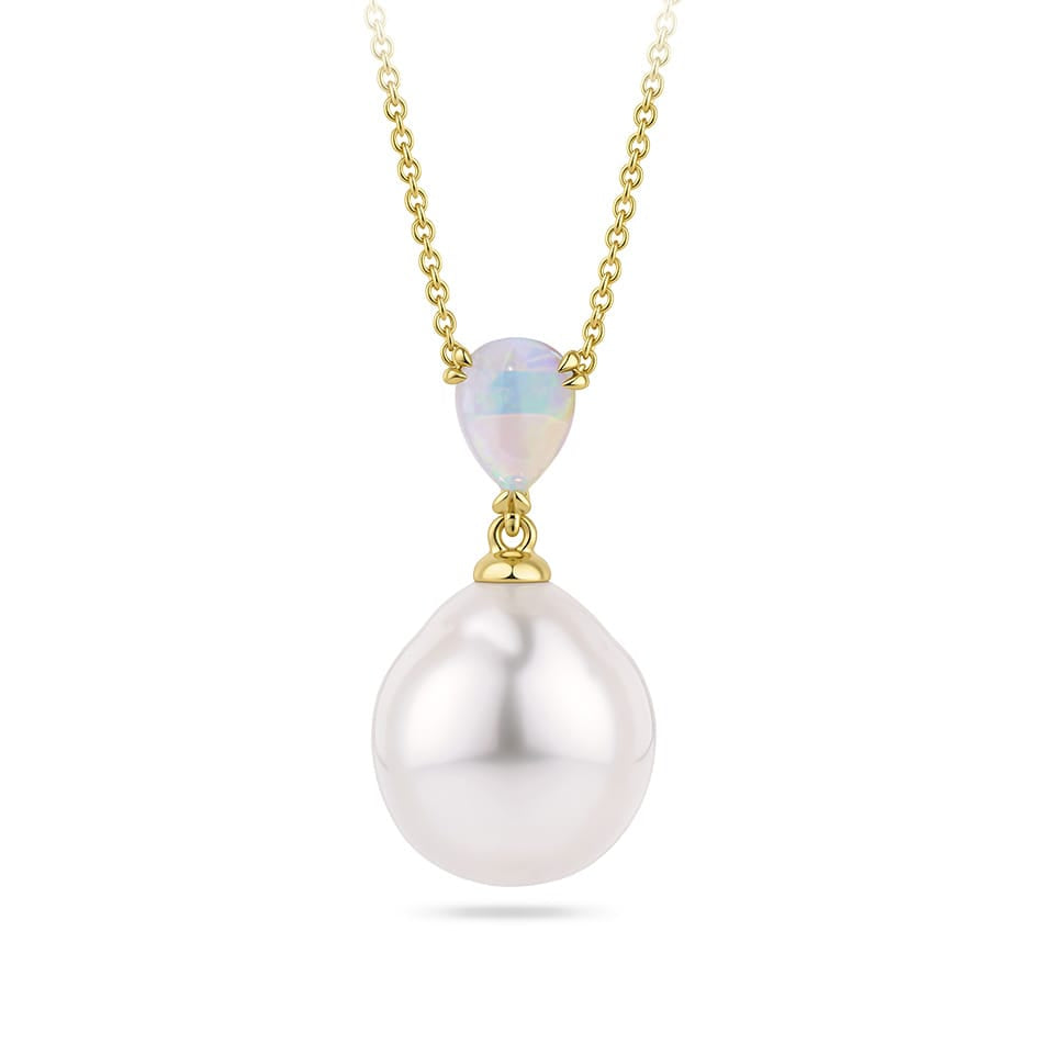 Australian Opal and South Sea Pearl Pendant in 18ct Yellow Gold