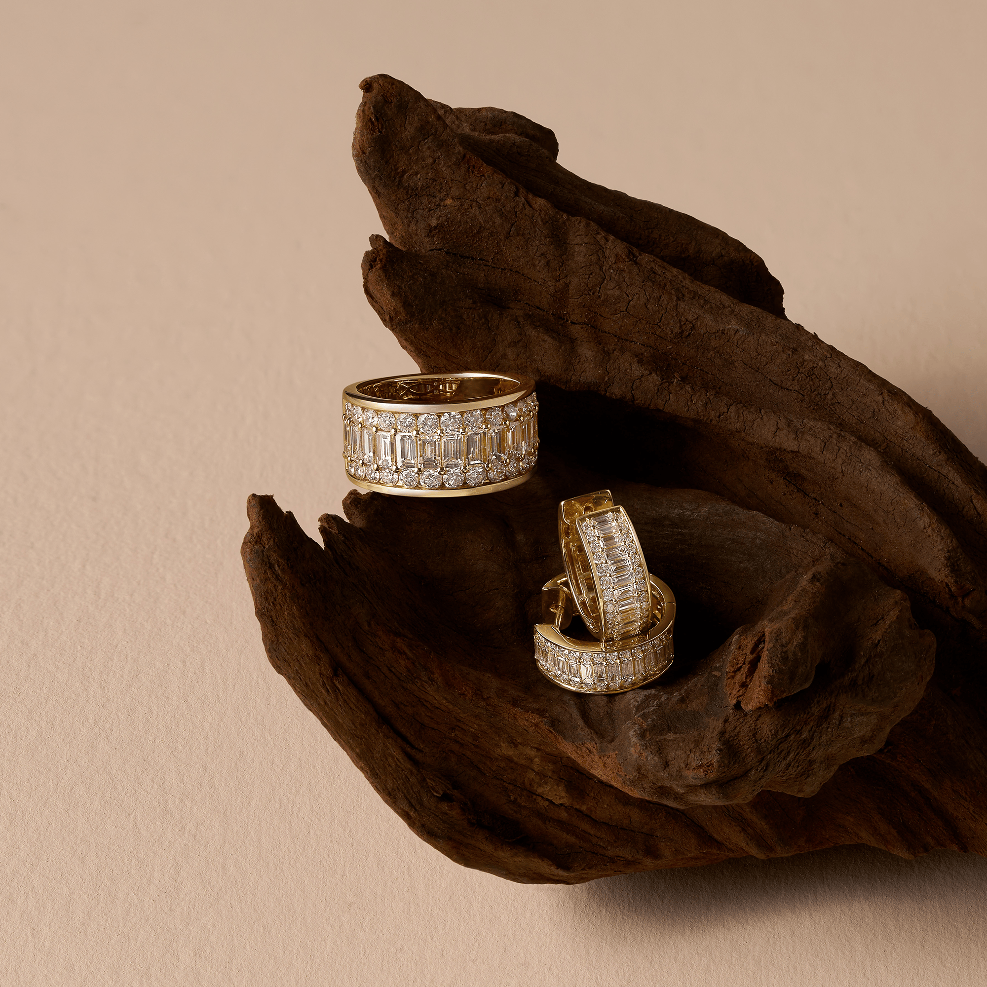 1.00 Carat Baguette and Round Brilliant Cut Diamond Channel Set Huggie Earrings in 18ct Yellow Gold