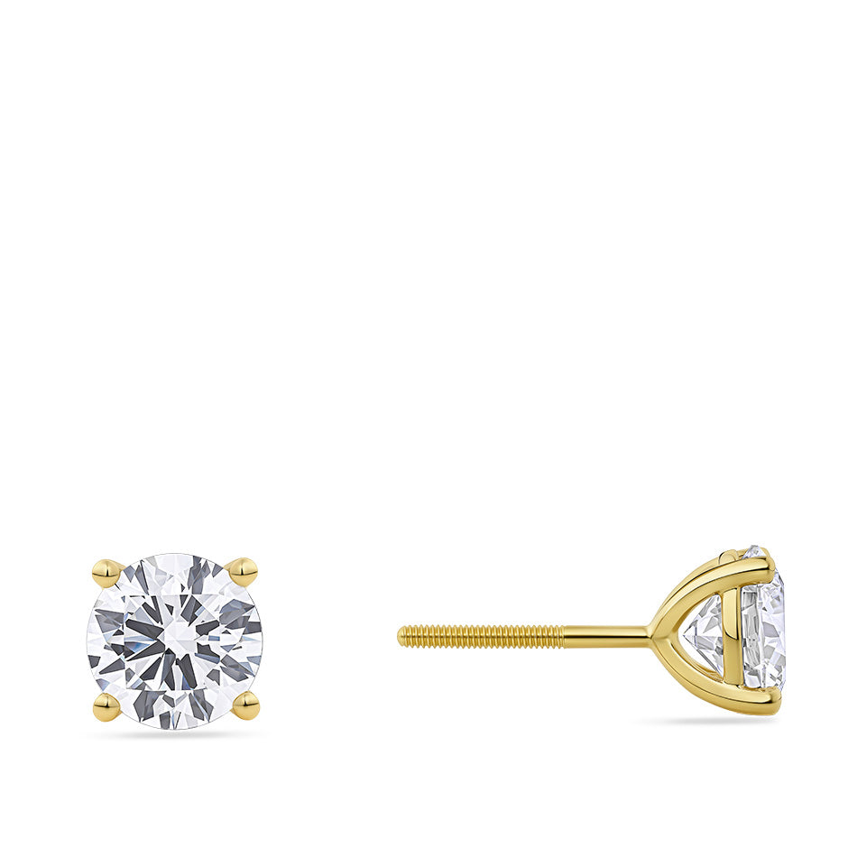 Side view of the 3.00 Carat TW Lab-Grown Diamond Stud Earrings in 18ct yellow gold by Hardy Brothers, showing the profile of the four-claw setting.