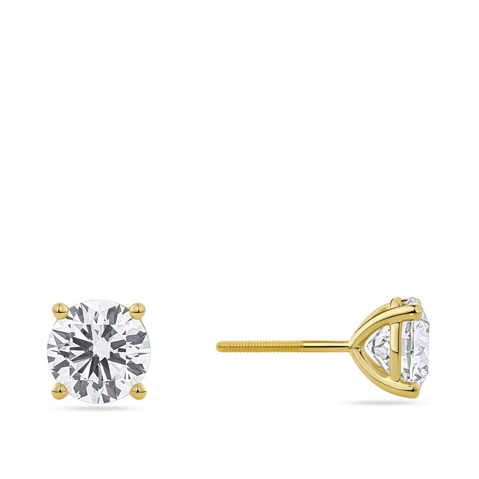 Side view of the 4.00 Carat TW Lab-Grown Diamond Stud Earrings in 18ct yellow gold by Hardy Brothers, showing the profile of the four-claw setting.