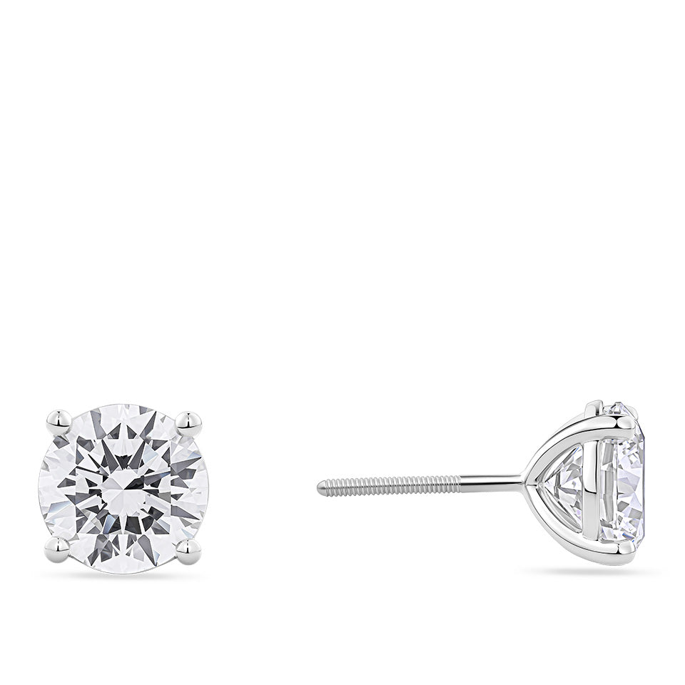 Side view of the 5.00 Carat TW Lab-Grown Diamond Stud Earrings in 18ct white gold by Hardy Brothers, showing the four-claw setting.