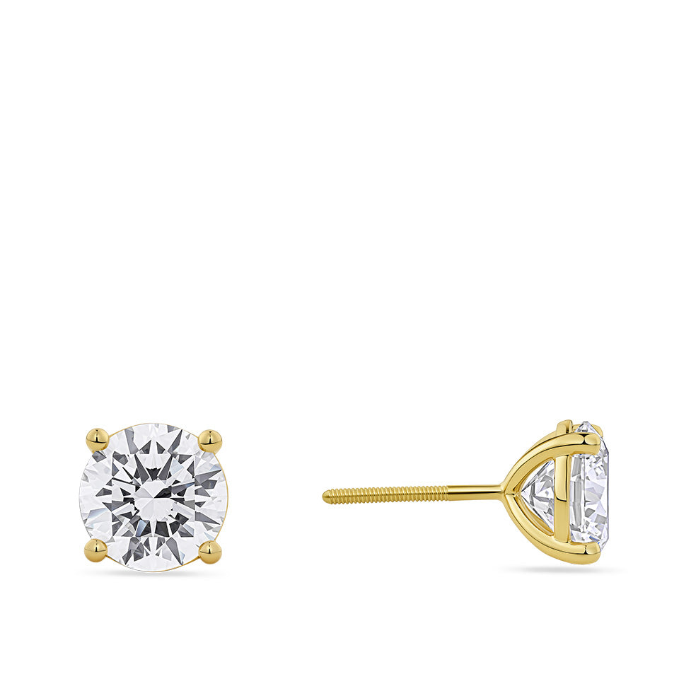 Side view of the 5.00 Carat TW Lab-Grown Diamond Stud Earrings in 18ct yellow gold by Hardy Brothers, showing the profile of the four-claw setting.