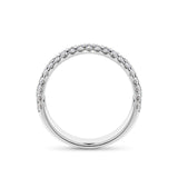 Side view of the Quintessential 1.00 Carat TW Diamond Pavé Ring in 18ct white gold by Hardy Brothers, showing the width of the band and the diamonds set across its surface.