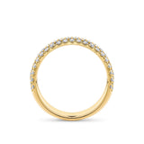 Side view of the Quintessential 1.00 Carat TW Diamond Pavé Ring in 18ct yellow gold by Hardy Brothers, showing the width of the band and the diamonds set across its surface.