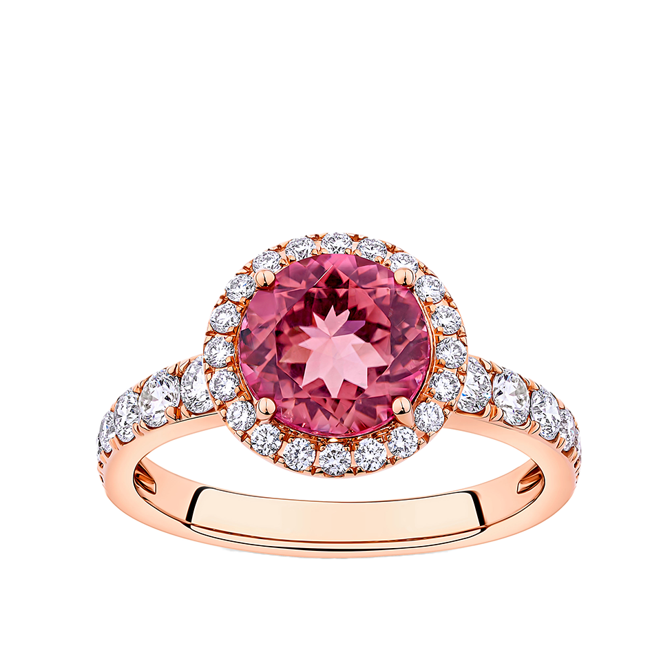 Pink Tourmaline Round and Diamond Halo Ring in 18ct Rose Gold