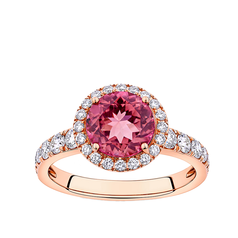 Pink Tourmaline Round and Diamond Halo Ring in 18ct Rose Gold