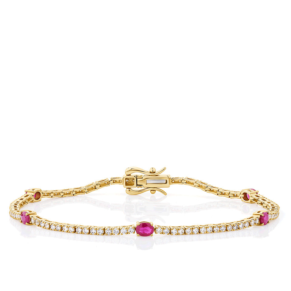 1.55 Carat Ruby and Diamond Oval Bracelet in 18ct Yellow Gold