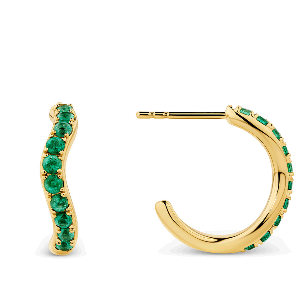 0.73 Carat Emerald Wave Hoop Earrings in 18ct Yellow Gold