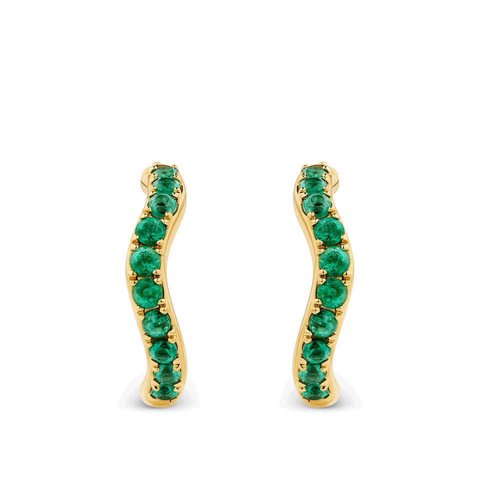 0.73 Carat Emerald Wave Hoop Earrings in 18ct Yellow Gold