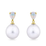 Australian Opal and South Sea Pearl Earrings in 18ct Yellow Gold