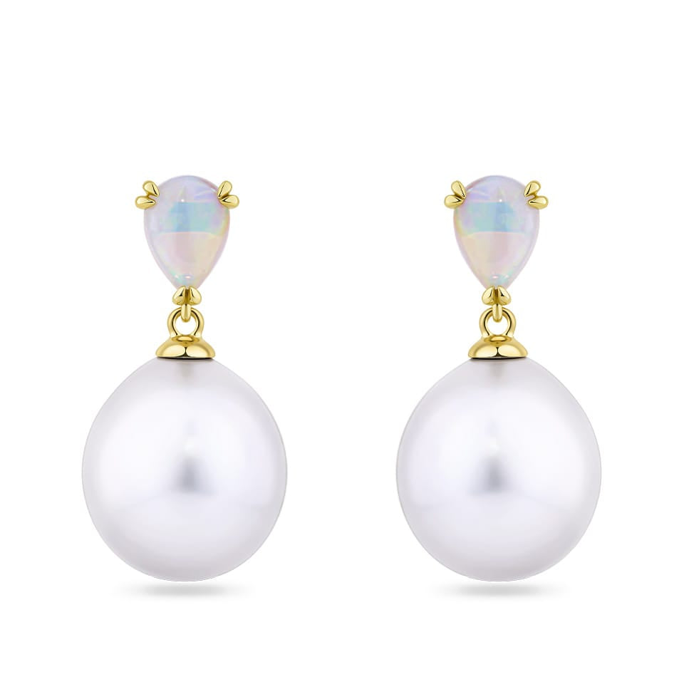 Australian Opal and South Sea Pearl Earrings in 18ct Yellow Gold