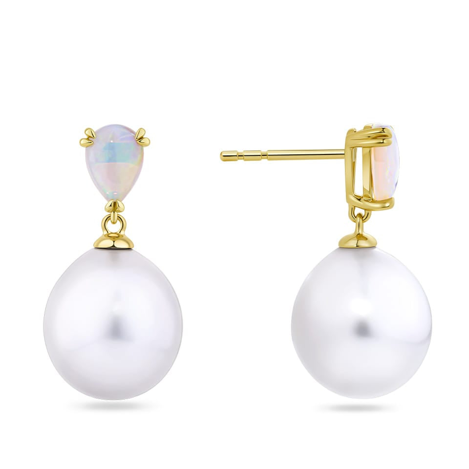 Australian Opal and South Sea Pearl Earrings in 18ct Yellow Gold