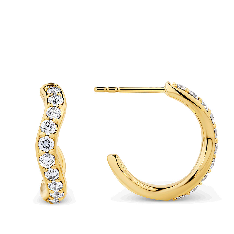0.75 Carat Diamond Wave Hoop Earrings in 18ct Yellow Gold