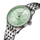 Breitling Navitimer Automatic 36mm Watch A17327361L1A1 shows the cambered sapphire crystal and beaded bezel detail from an angled perspective. The stainless steel bracelet connects seamlessly to the 36mm case.