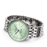 Breitling Navitimer Automatic 36mm Watch A17327361L1A1 reveals the straight-link detail of its stainless steel bracelet. The bracelet's finish matches the tone of the 36mm case throughout.