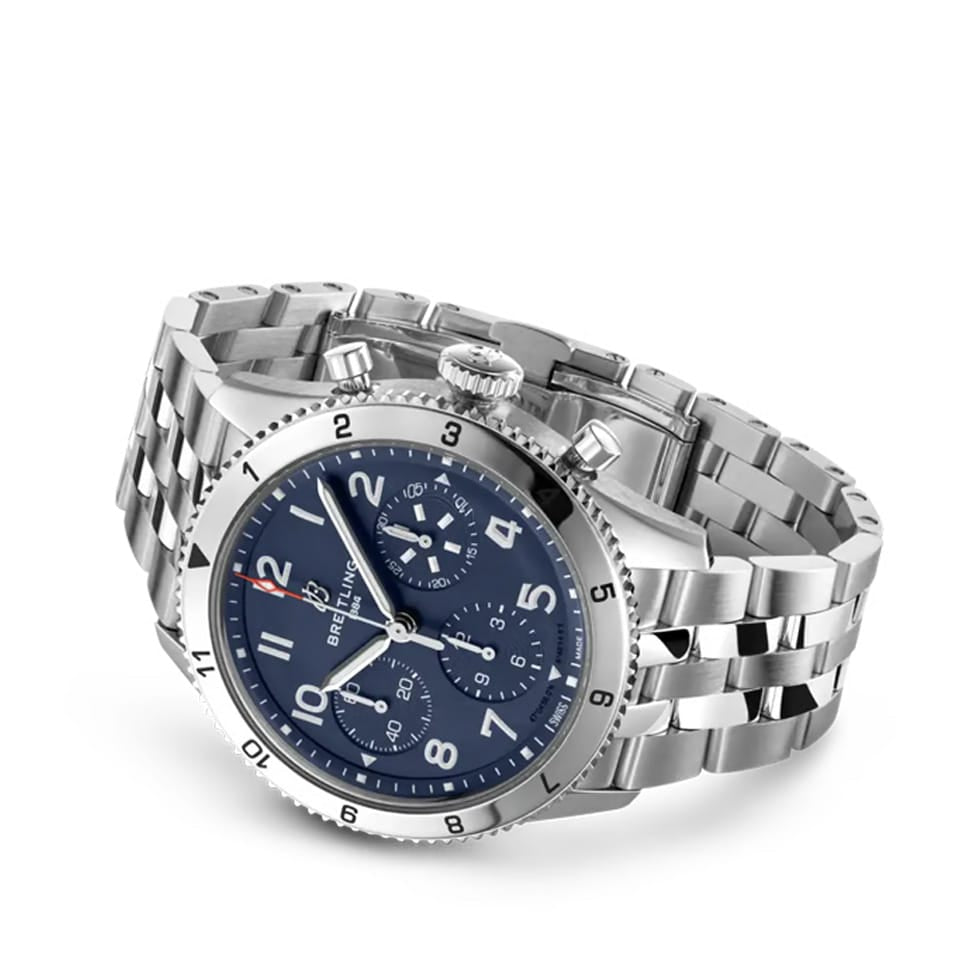 Breitling Classic AVI Automatic Chronograph 42mm Watch A233801A1C1A1 reveals the straight-link detail of its stainless steel bracelet. The bracelet's finish matches the tone of the 42mm case throughout.