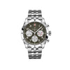 Breitling Classic AVI Automatic Chronograph 42mm Watch A233802A1L1A1 displays its green dial with large, legible Arabic numerals and a matching knurled bezel. The stainless steel case pays tribute to the Curtiss P-40 Warhawk's rugged aviation heritage.