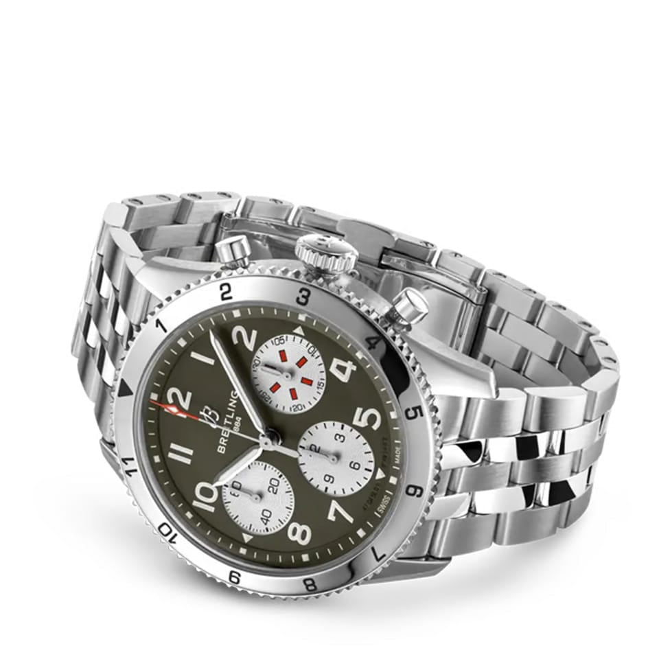 Breitling Classic AVI Automatic Chronograph 42mm Watch A233802A1L1A1 reveals the straight-link detail of its stainless steel bracelet. The bracelet's finish matches the tone of the 42mm case throughout.