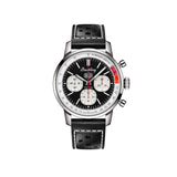 Breitling Top Time Deus B01 Chronograph 41mm Watch AB01765A1B1X1 displays its black dial with the Deus emblem, "In Benzin Veritas" adage, and contrasting squircle subdials. A tachymeter scale and lightning-bolt-shaped chronograph hand complete the vintage dashboard-inspired layout.