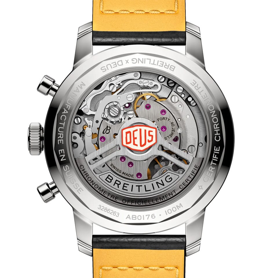 Breitling Top Time Deus B01 Chronograph 41mm Watch AB01765A1B1X1 features a screwed-in sapphire crystal case back revealing the self-winding Breitling Manufacture Caliber 01 movement. The case back sits within the 41mm stainless steel case, measuring 13.3mm in thickness.