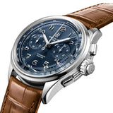 Breitling Premier B15 Duograph 42mm Watch AB1510171C1P1 shows the grooved case-sides and cambered sapphire crystal from an angled perspective. The gold brown alligator strap curves into the 42mm stainless steel case for a refined silhouette.