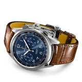 Breitling Premier B15 Duograph 42mm Watch AB1510171C1P1 reveals the fine grain and stitching detail of its curved gold brown alligator strap. The stainless steel folding clasp buckle carries a matching finish to the case.