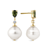 Australian South Sea Pearl Tourmaline and Diamond Drop Earrings in 18ct Yellow Gold Hardy Brothers Jewellers