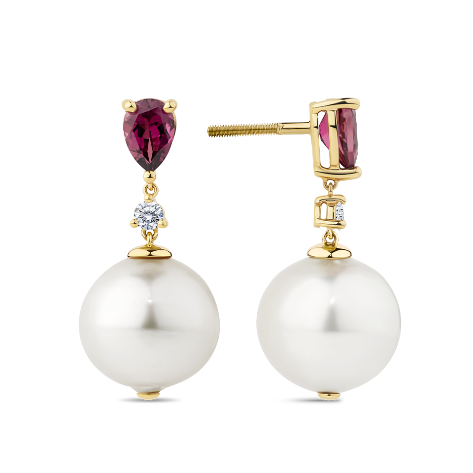 Australian South Sea Pearl Pink Tourmaline and Diamond Drop Earrings in 18ct Yellow Gold