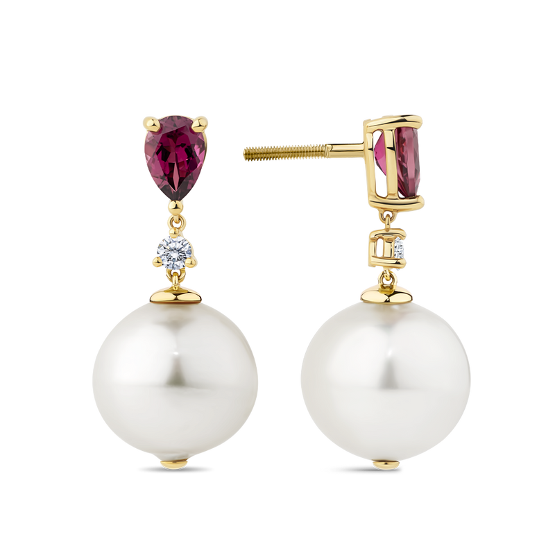 Australian South Sea Pearl Tourmaline and Diamond Drop Earrings in 18ct Yellow Gold Hardy Brothers Jewellers