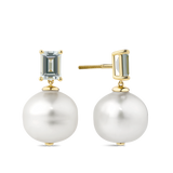 Australian South Sea Pearl and Aquamarine Drop Earrings in 18ct Yellow Gold Hardy Brothers Jewellers