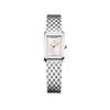 Front-facing view of the Baume & Mercier Hampton M0A10860 ladies' watch, featuring a warm silver sun satin-finished dial with embossed decoration, Phi logo, 4N gold-tone fan-shaped sword hands, polished rectangular stainless steel case with black agate-set crown, and a matching polished and satin-finished 3-row stainless steel bracelet.