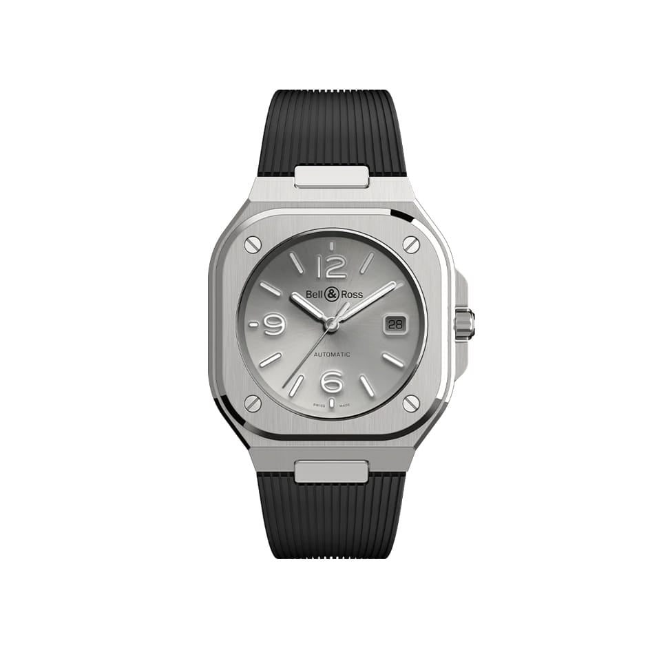 Bell & Ross BR-05 Automatic 40mm Men's Watch, reference BR05A-GR-ST/SRB, shown front on with its angular polished-satin steel case. The sunburst grey dial features applied numerals and indexes filled with Super-LumiNova.
