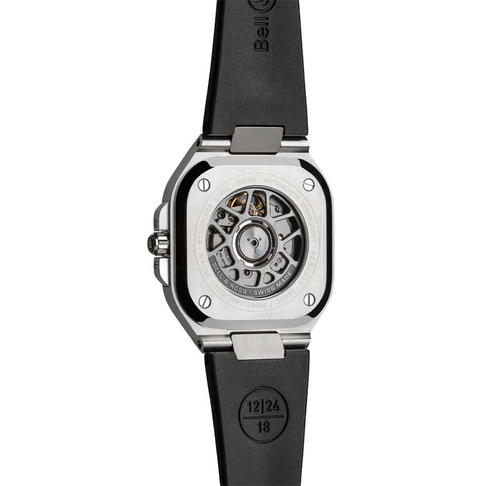 Bell & Ross BR-05 Automatic 40mm Men's Watch, reference BR05A-GR-ST/SRB, showing the back of the black rubber strap and polished-satin steel folding clasp. The sapphire crystal case back reveals the 360° oscillating weight of the automatic movement.