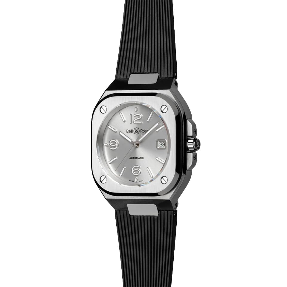 Bell & Ross BR-05 Automatic 40mm Men's Watch, reference BR05A-GR-ST/SRB, photographed at a three-quarter angle to showcase the case, screw-down crown and dial in dimensional detail. The anti-reflective coated sapphire crystal is visible catching the light.