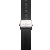 Bell & Ross BR-05 Automatic 40mm Men's Watch, reference BR05A-GR-ST/SRB, showing the back of the black rubber strap and polished-satin steel folding clasp. The sapphire crystal case back reveals the 360° oscillating weight of the automatic movement.