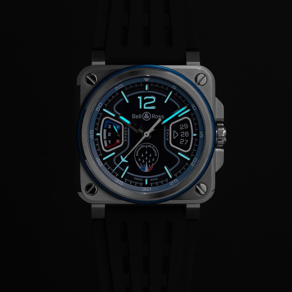 Bell & Ross BR-X3 Patrouille de France — Super-LumiNova® illuminated dial and hands glowing in low light conditions
