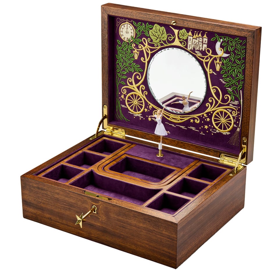 Wolf Cinderella Ballet Musical Jewellery Box (190017) shown front-facing, featuring a walnut wood veneer exterior with [Cinderella-themed] marquetry inlay. This musical jewellery box combines fairytale styling with fine craftsmanship for jewellery storage and display.