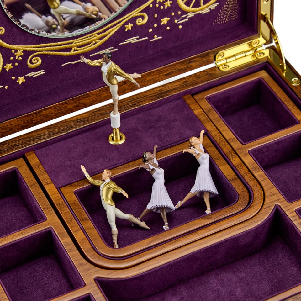 Close-up detail of the Wolf Cinderella Ballet Musical Jewellery Box 190017, focusing on the hand-painted ballerina and marquetry inlay detailing. Two interchangeable ballerinas in different skin tones are included with the piece.