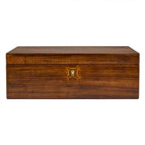 A rectangular wooden storage box with a hinged lid, featuring a warm brown wood grain finish and a small gold-tone decorative latch on the front, set against a plain white background.
