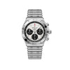 Breitling Chronomat B01 42 wristwatch, 42mm stainless steel case, white panda dial with black chronograph sub-dials at 3, 6, and 9 o'clock, applied silver hour markers with Super-LumiNova, unidirectional bezel with four raised rider tabs, asymmetric crown and pushers with guard, on stainless steel Rouleaux bracelet