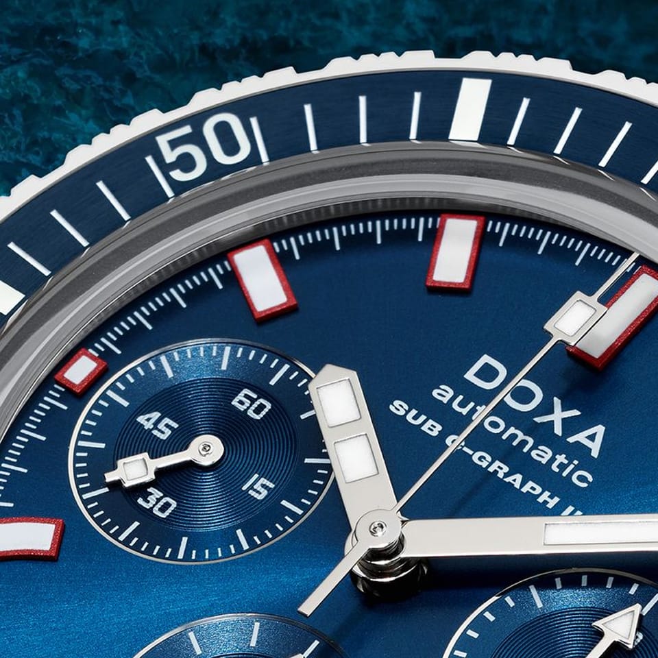 DOXA SUB 200 C-GRAPH II Caribbean Automatic Chronograph 42mm Watch 797.10.201.10 - close up of dial