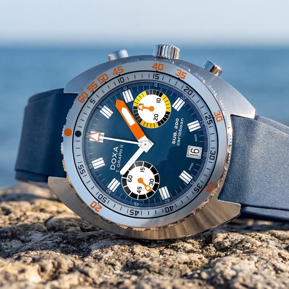 DOXA SUB 200 T-GRAPH II Automatic Chronograph 42mm Watch 806.10.201.32 - lifestyle shot on the beach