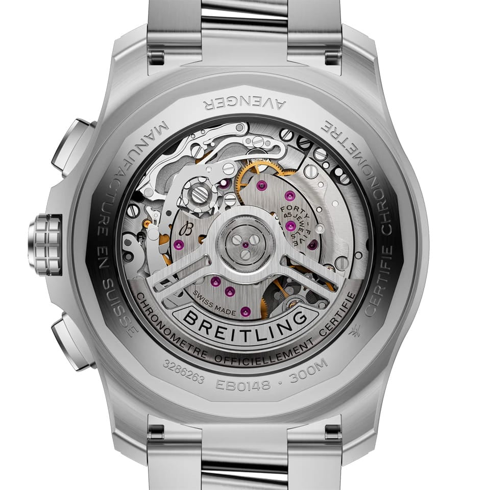 Breitling Super Avenger B01 Chronograph 46mm Watch EB0148101C1E1 features a screw-secured sapphire crystal case back protecting the self-winding Breitling Manufacture Caliber 01 movement. The case back sits within the 46mm titanium case, measuring 15.2mm in thickness.