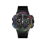 Front on view of the Jacob & Co. Epic X Chrono Automatic Chronograph 44mm Men's Watch, reference EC432.11.AB.AA.A, featuring a Black PVD case and Black dial set against a striking Rainbow Bezel. This Round-shaped, individually numbered Limited Edition timepiece pairs a Rubber Strap with 200m water resistance for a technical sport-luxury finish.