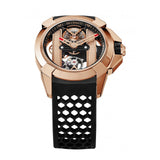 Three-quarter angle view of the Jacob & Co. Epic X Bridges 18K Rose Gold Black Manual Wind 44mm Watch, reference EX120.43.AB.AB.A, capturing the interplay between the Rose Gold case and the openworked skeleton dial. The Clous de Paris engraving on the bridges catches light across multiple facets from this angle.