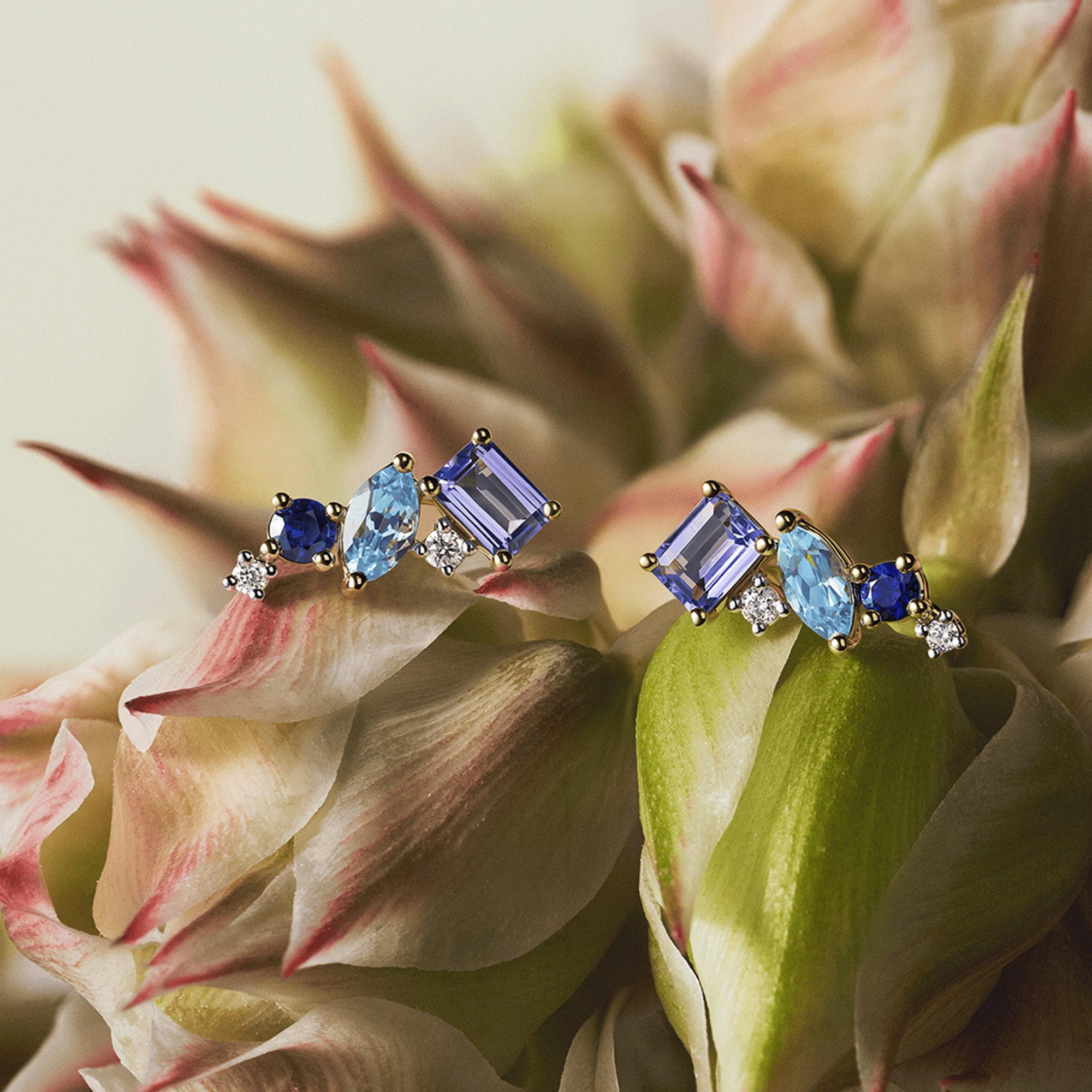 Elysian Tanzanite Topaz Sapphire and Diamond Cluster Stud Earrings in 18ct Yellow Gold