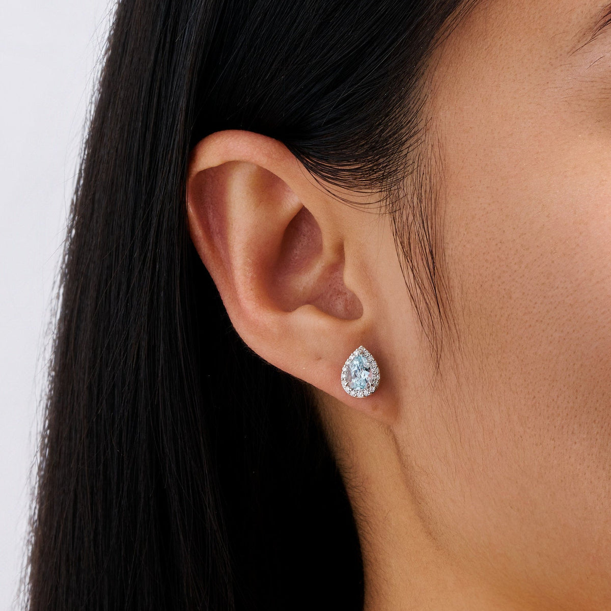 Pear Cut Aquamarine and Diamond Halo Stud Earrings in 18ct White Gold