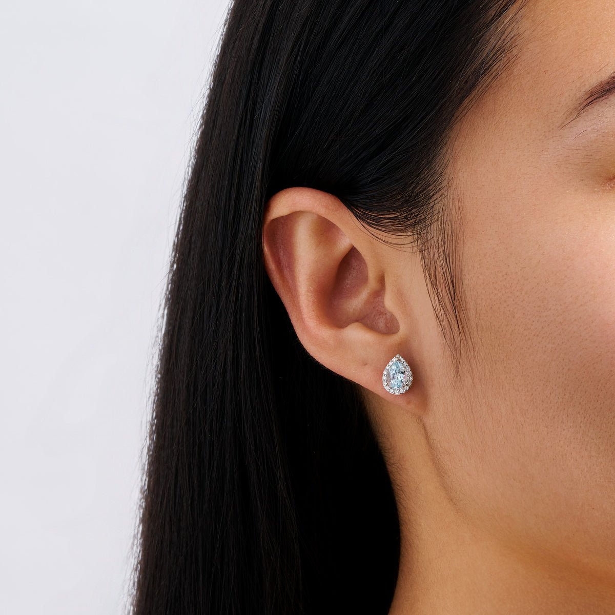 Pear Cut Aquamarine and Diamond Halo Stud Earrings in 18ct White Gold