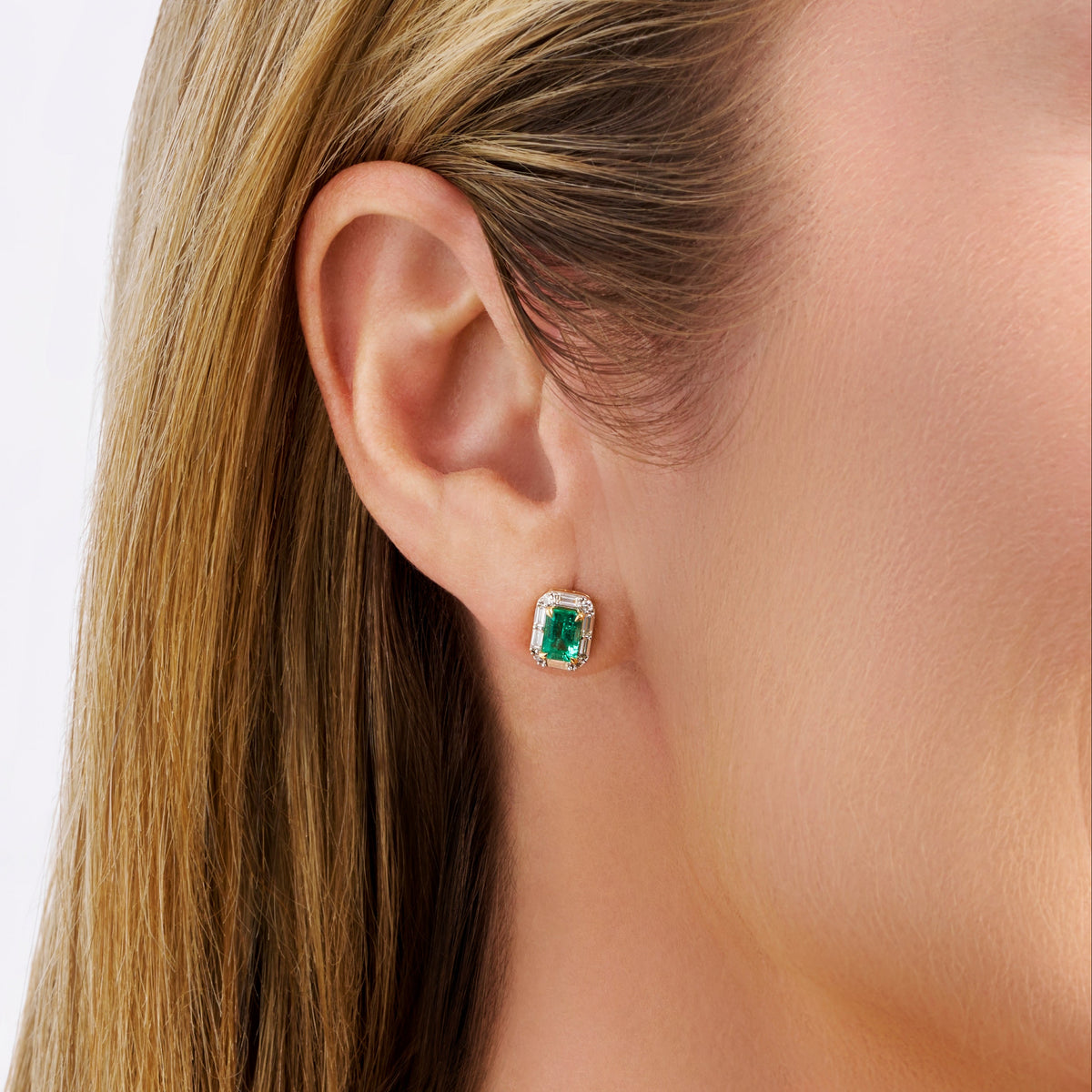 Emerald and Alternating Diamond Stud Earrings in 18ct Yellow and White Gold