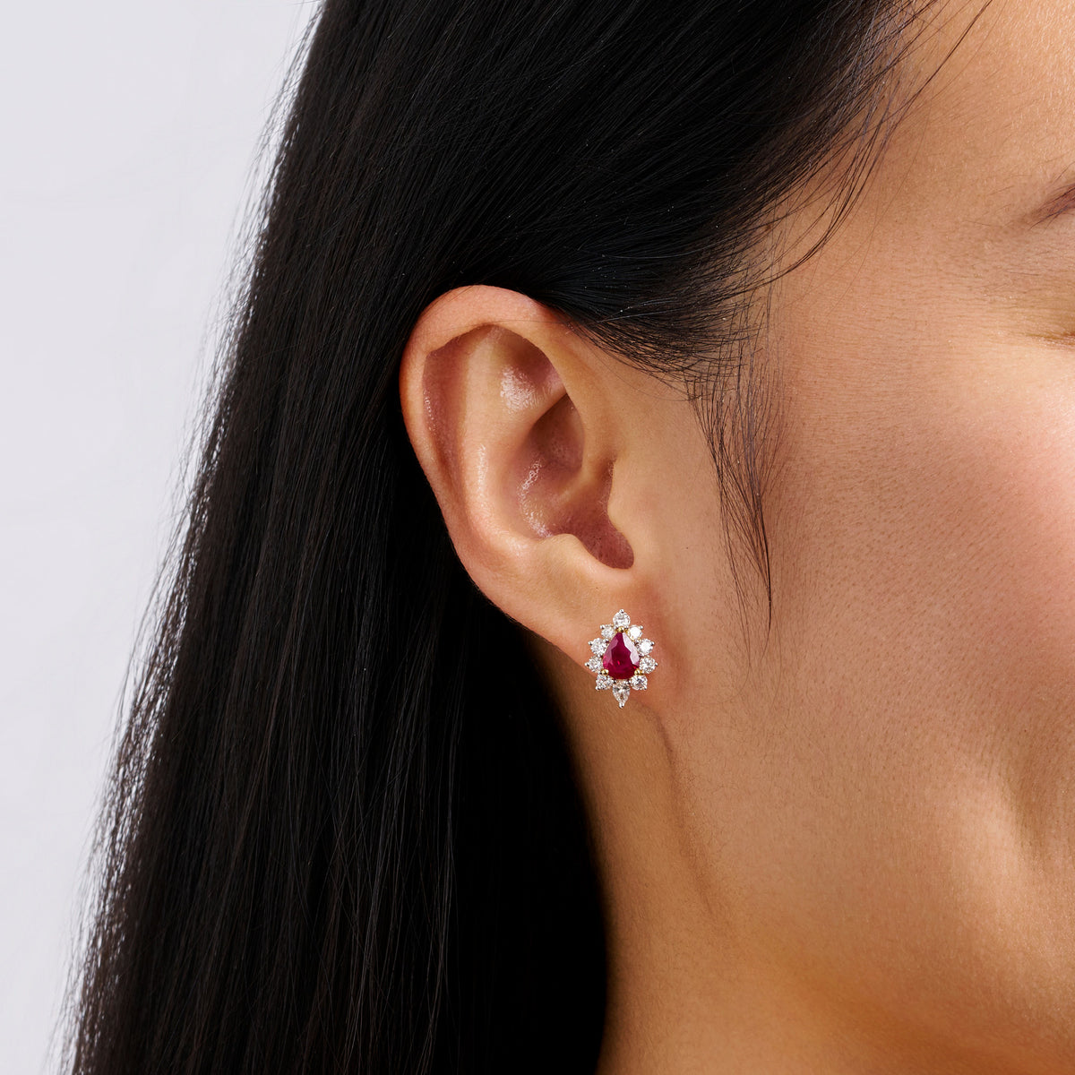 Pear Cut Ruby and Diamond Halo Stud Earrings in 18ct Yellow Gold